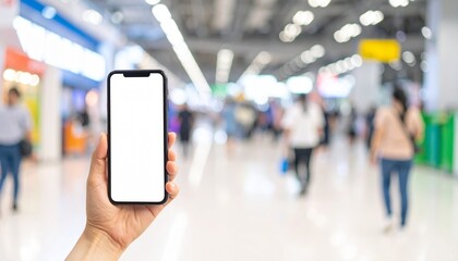 Hand holding a mobile phone with an empty white screen for an app or website mockup, set against a blurred airport terminal background.