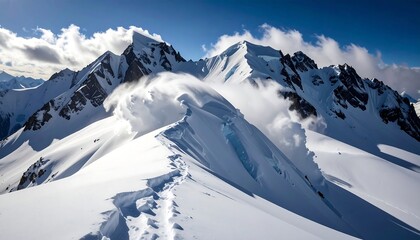 Snowy Mountain Ridge Hike with Blue Sky and Clouds
