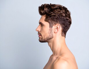 Fototapeta premium Profile view of a man with styled brown hair and a beard