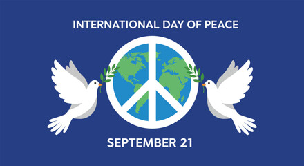 International Day of Peace banner with doves and Earth peace symbol.
