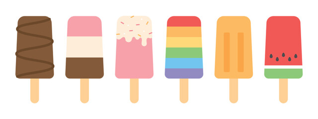 Flat design illustration of popsicle set featuring chocolate, strawberry, orange, and watermelon flavors.	