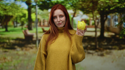 Woman outdoors holding yellow piggy bank in a serene park, dressed in a cozy sweater, expressing thoughtfulness under green trees and surrounded by sunlight.