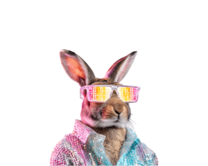 A stylish rabbit wearing neon pixel glasses and glamorous sparkling clothes poses confidently for the camera