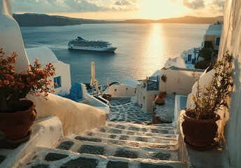 Stunning view of Santorini, with white buildings and blue accents overlooking the sea at sunset