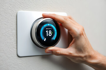 Comfortable living turning smart thermostat to 18 degrees for energy savings in modern home