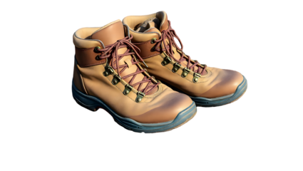 A pair of tan leather hiking boots with brown laces and dark soles on a plain dark background outdoors