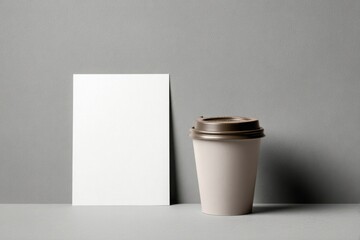 Mockup for design featuring a blank card and a coffee cup on a textured background. A4 paper mockup with coffee cup