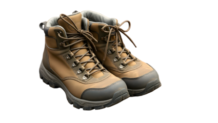 Close up of a pair of brown leather hiking boots with laces tied on a black background studio shot