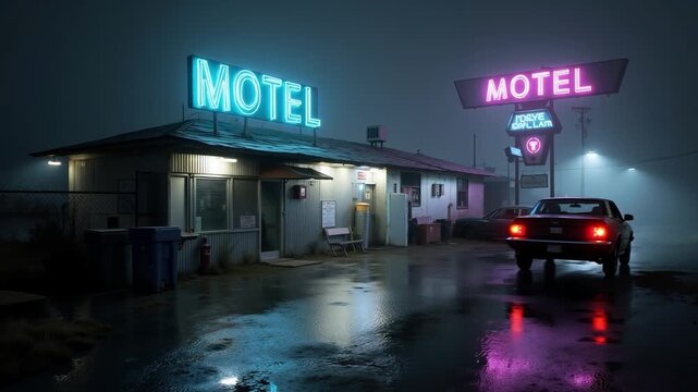 A motel with a neon sign and a car parked in front of it