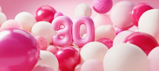 The vibrant celebration of 30 with festive pink balloons and cheerful decorations.