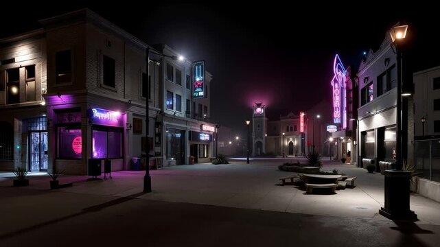A city street at night with a clock tower in the background