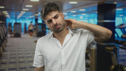 Man in white shirt holding neck inside a gym building full of treadmills and exercise machines; pain.