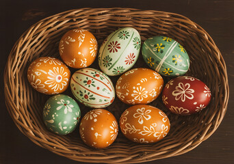 Easter eggs in wicker baskets decorated with traditional floral patterns in orange, white, green, red, blue and yellow colors, symbol of spring celebration and festive holiday decoration
