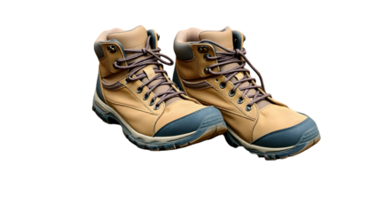 A pair of tan hiking boots with brown laces and dark gray toe caps on a black background image