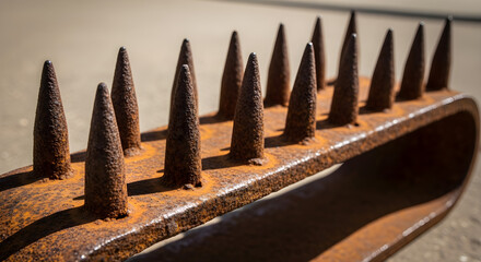 A rusted metal strip with evenly spaced spikes protruding from it, showcasing a vintage design and a rugged texture.