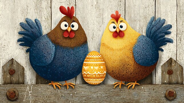 Two whimsical cartoon roosters standing together with a honeycomb in a rustic farm setting - Powered by Adobe