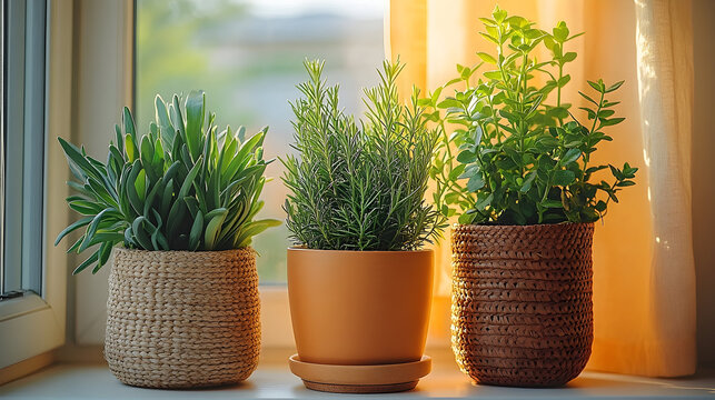 Potted herbs on window sill in sunlight indoor plants - Powered by Adobe