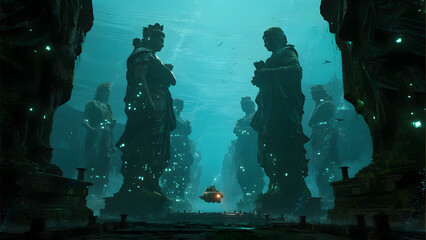 cinematic shot of a tiny, advanced submarine illuminating a colossal, abandoned underwater city of non-human origin