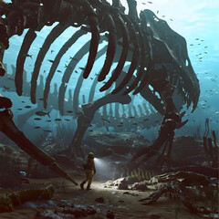 a tiny scuba diver with a flashlight exploring the impossibly large ribcage of a long-dead sea monster