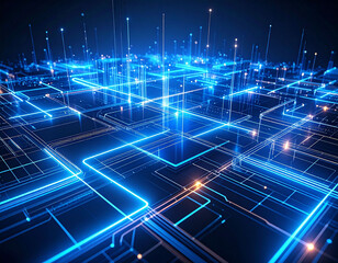 Obraz premium Holographic circuit board lines floating in 3D space, glowing neon edges, transparent grid structure, futuristic clean