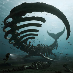 a tiny scuba diver with a flashlight exploring the impossibly large ribcage of a long-dead sea monster