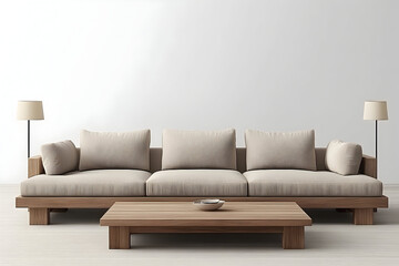 Modern low wooden sofa with beige cushions and coffee table