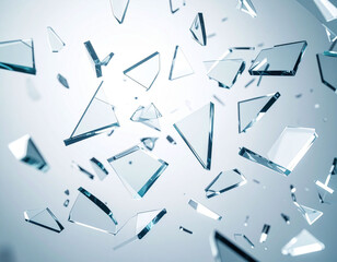 Transparent geometric glass shards floating in air, sharp angular reflections and refractions, clean high-contrast lig