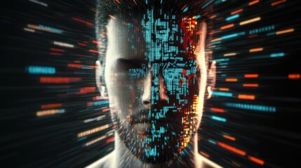 Digital transformation concept, human face with digital stream and data flow depicting artificial