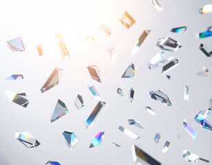 Floating crystal fragments scattering in the air, sharp edges reflecting rainbow light, clean abstract background, spectrum