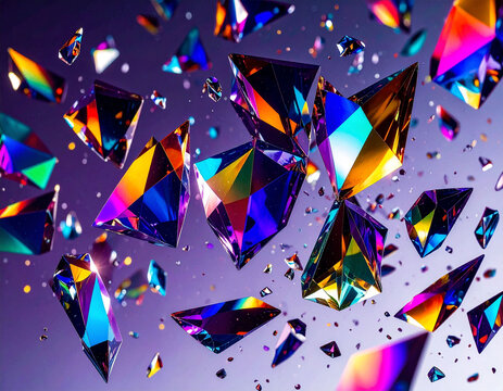 Floating crystal fragments scattering in the air, sharp edges reflecting rainbow light, clean abstract background, spectrum
