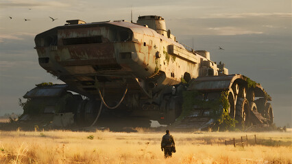 a lone scavenger walking through a misty field, discovering a derelict, colossal war machine from a forgotten war,