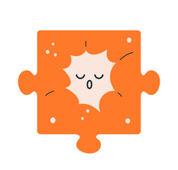Puzzle element with sleepy face. Cute funny character yawning, snoring, sleeping and dreaming. Jigsaw piece asleep, nap, slumber. Kids flat vector illustration isolated on white background