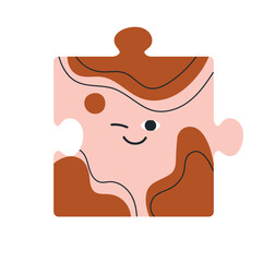Puzzle character with cute funny face, smiling and winking. Jigsaw element, piece with cheerful friendly expression, playful joyful emotion. Flat vector illustration isolated on white background