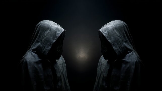 Mysterious hooded figures shrouded in darkness evoke suspense and intrigue for thriller or horror concepts