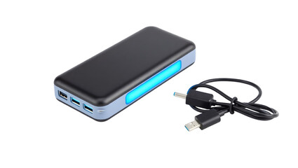 A power bank with blue light and a usb cable on a black background in a studio setting image