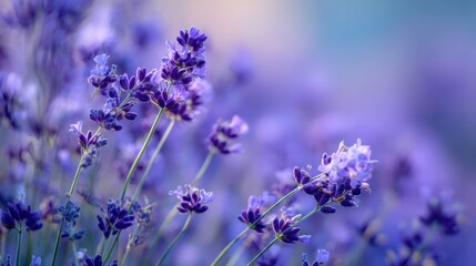 Fototapeta premium Vibrant purple lavender flowers standing tall in a sunlit field. Close up view of blooming delicate blossoms with soft natural bokeh background.