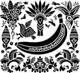 Banana Solid Black Color Vector Silhouette in Traditional Mexican Folk Art Style