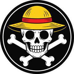 A bold design featuring a skull with a straw hat, crossed bones beneath it, all set against a solid black background. 