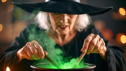Witch stirring potion in cauldron, suspenseful horror atmosphere. Perfect for movie trailers or Halloween event