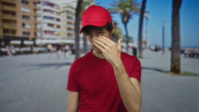 Young delivery man in red shirt and cap shades eyes with hand on sunny city street lined with palms; fatigue. - Powered by Adobe