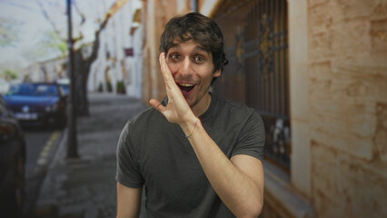Young man raising hand to mouth to shout on city street near blue car during sunny afternoon; excitement.