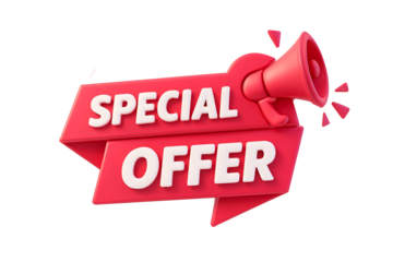 Red ribbon banner with the words special offer and a megaphone isolated on transparent background