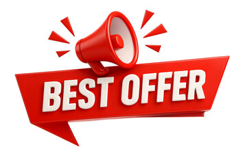 Red megaphone announcing best offer on a red banner isolated on transparent background