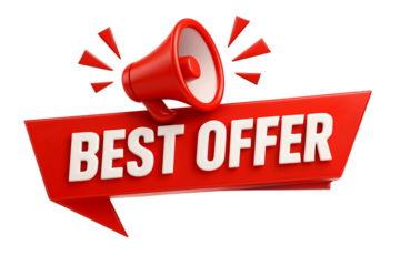 Red megaphone announcing best offer on a red banner isolated on transparent background