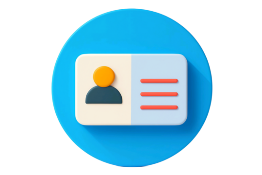 Stylized id card icon with user profile and lines for text isolated on transparent background