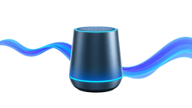 A modern smart speaker with blue light accents and flowing blue lines on a black background creating motion