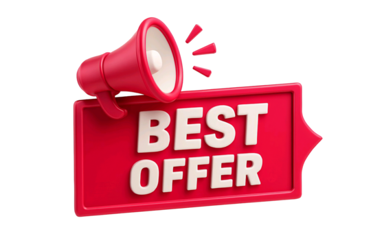 Red megaphone announcing best offer on a sign isolated on transparent background