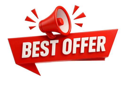 Red megaphone announcing best offer on a red banner isolated on transparent background