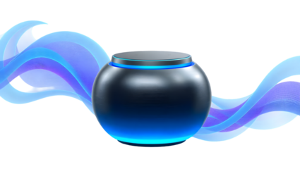 A futuristic silver sphere with blue light accents surrounded by flowing blue and purple waves on black