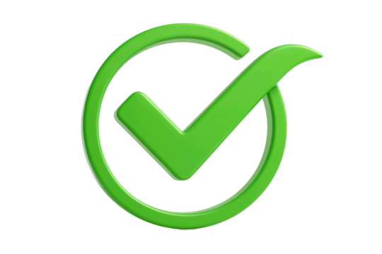 Green check mark inside a circle symbol for approval or success isolated on transparent background